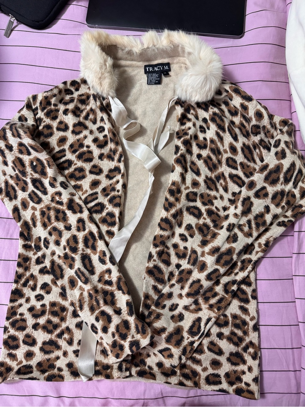 Tracy M Beige Knit Cardigan with Faux Fur Trim